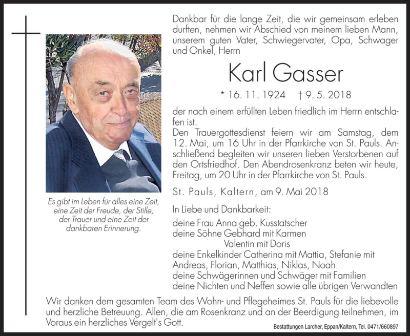  Traueranzeige für Karl Gasser vom 11.05.2018 aus Dolomiten