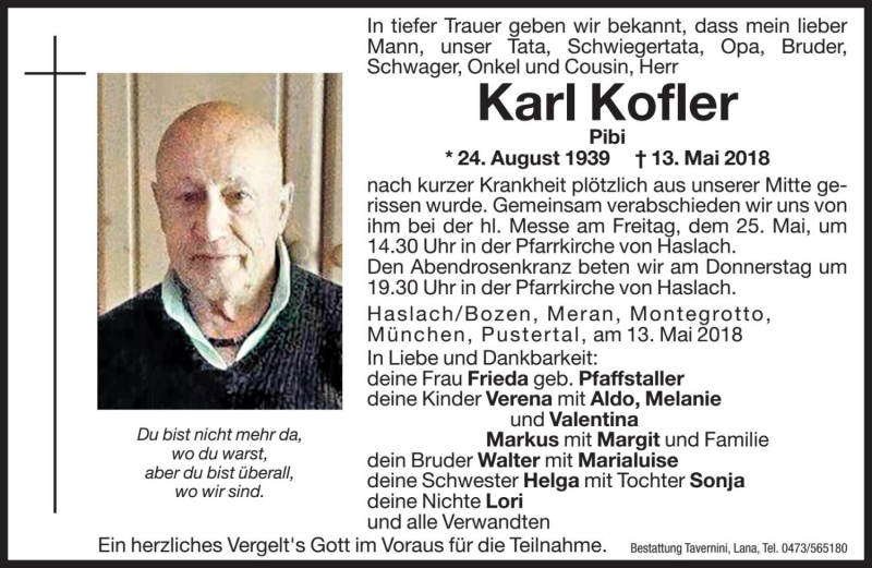  Traueranzeige für Karl Kofler vom 23.05.2018 aus Dolomiten