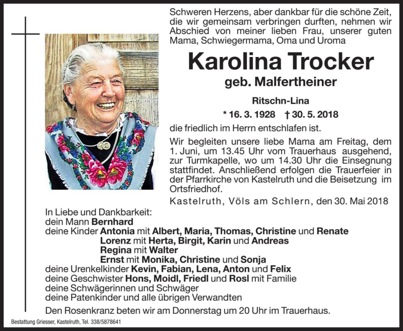 Traueranzeige für Karolina Trocker vom 31.05.2018 aus Dolomiten