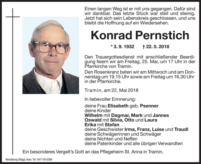 Traueranzeige für Konrad Pernstich vom 23.05.2018 aus Dolomiten