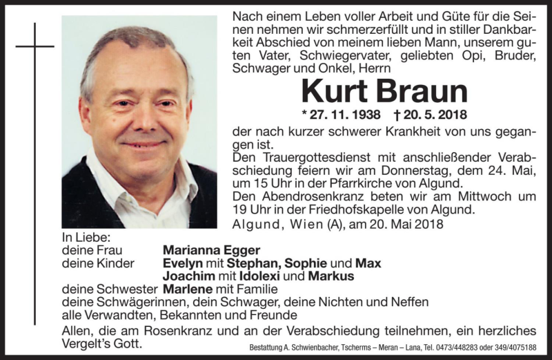  Traueranzeige für Kurt Braun vom 22.05.2018 aus Dolomiten
