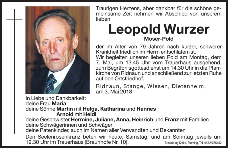  Traueranzeige für Leopold Wurzer vom 05.05.2018 aus Dolomiten