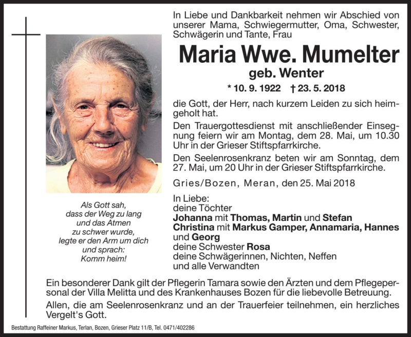  Traueranzeige für Maria Mumelter vom 25.05.2018 aus Dolomiten