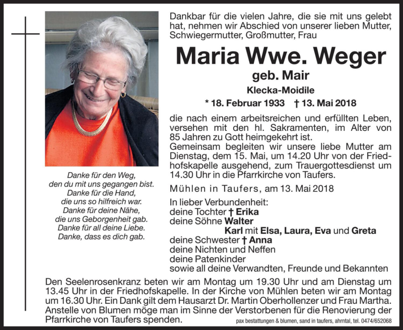  Traueranzeige für Maria Weger vom 14.05.2018 aus Dolomiten