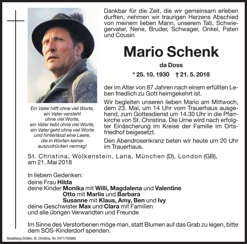  Traueranzeige für Mario Schenk vom 22.05.2018 aus Dolomiten