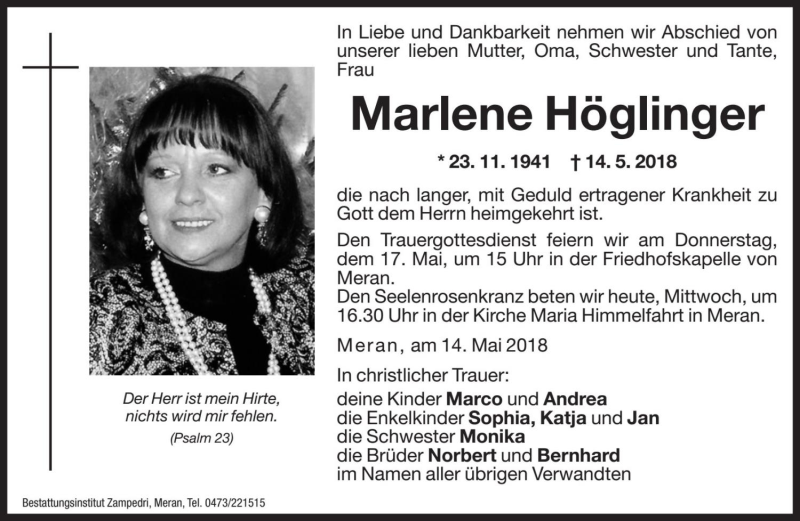  Traueranzeige für Marlene Höglinger vom 16.05.2018 aus Dolomiten