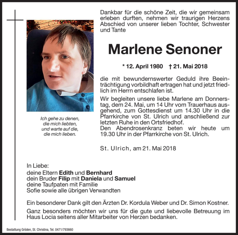  Traueranzeige für Marlene Senoner vom 23.05.2018 aus Dolomiten