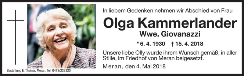  Traueranzeige für Olga Giovanazzi vom 04.05.2018 aus Dolomiten