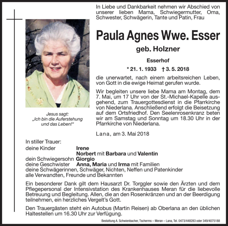  Traueranzeige für Paula Agnes Esser vom 05.05.2018 aus Dolomiten