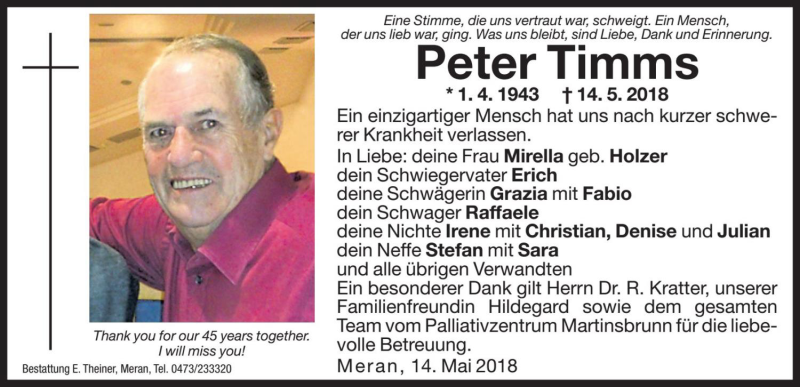  Traueranzeige für Peter Timms vom 25.05.2018 aus Dolomiten