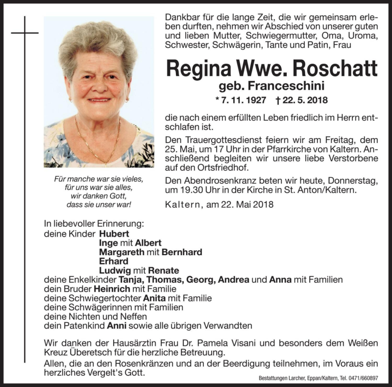  Traueranzeige für Regina Roschatt vom 24.05.2018 aus Dolomiten