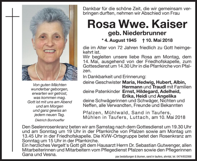  Traueranzeige für Rosa Kaiser vom 12.05.2018 aus Dolomiten