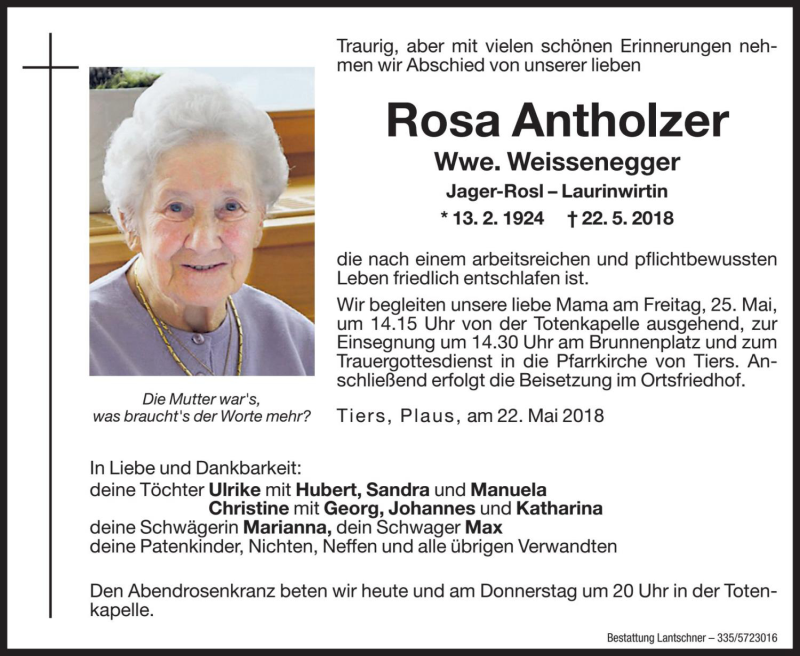  Traueranzeige für Rosa Weissenegger vom 23.05.2018 aus Dolomiten