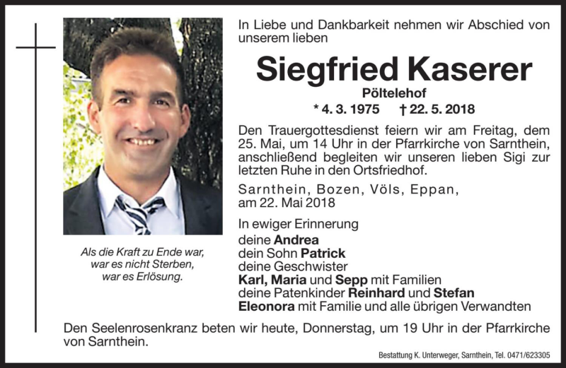  Traueranzeige für Siegfried Kaserer vom 24.05.2018 aus Dolomiten