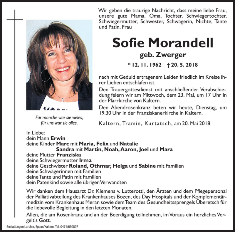  Traueranzeige für Sofie Morandell vom 22.05.2018 aus Dolomiten