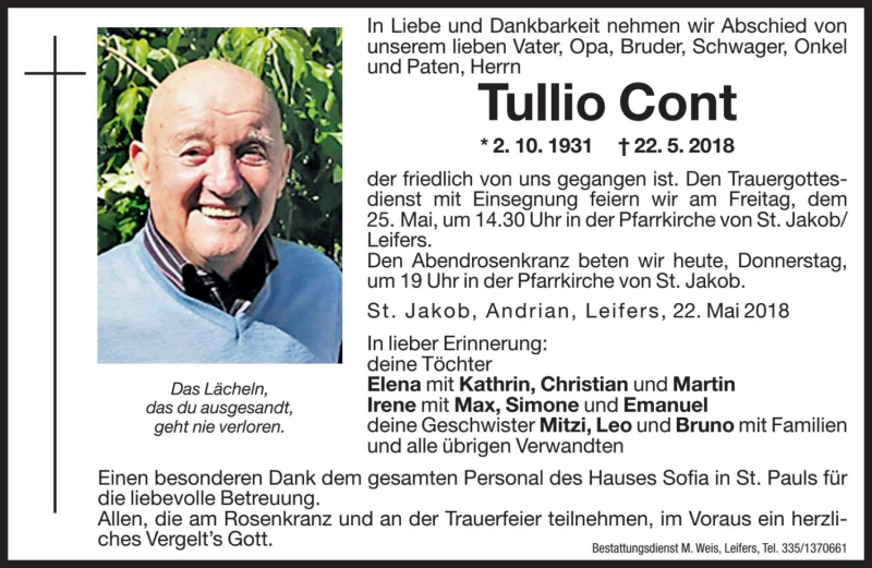  Traueranzeige für Tullio Cont vom 24.05.2018 aus Dolomiten