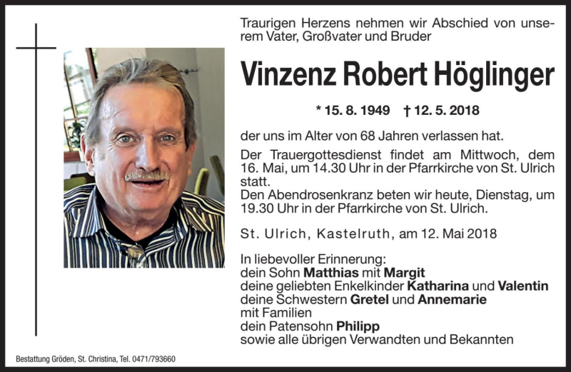  Traueranzeige für Vinzenz Robert Höglinger vom 15.05.2018 aus Dolomiten