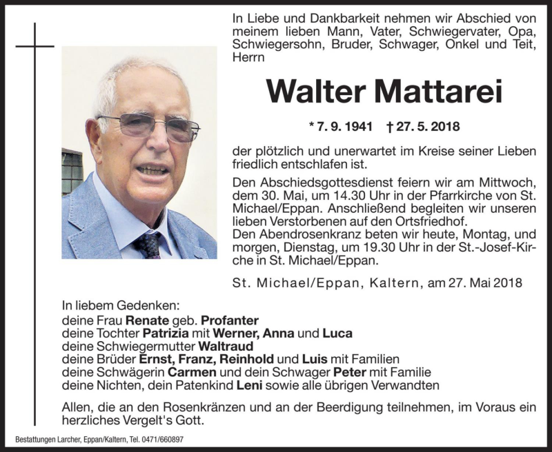  Traueranzeige für Walter Mattarei vom 28.05.2018 aus Dolomiten
