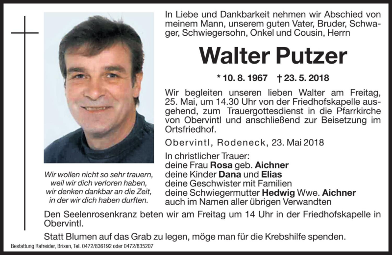  Traueranzeige für Walter Putzer vom 25.05.2018 aus Dolomiten