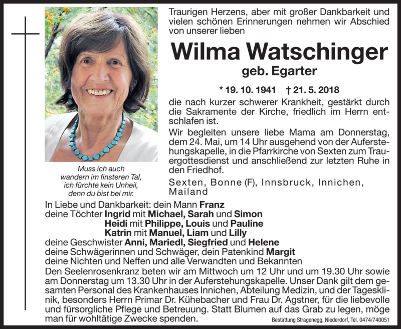  Traueranzeige für Wilma Watschinger vom 23.05.2018 aus Dolomiten