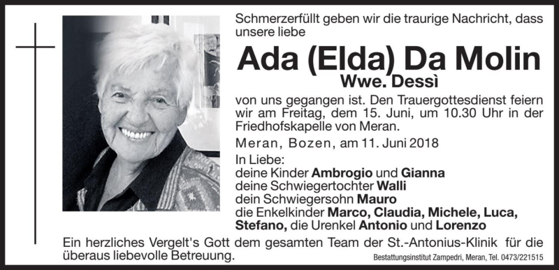  Traueranzeige für Ada Dessi vom 14.06.2018 aus Dolomiten