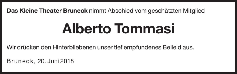  Traueranzeige für Alberto Tommasi vom 21.06.2018 aus Dolomiten
