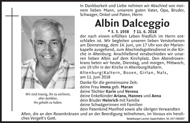  Traueranzeige für Albin Dalceggio vom 12.06.2018 aus Dolomiten