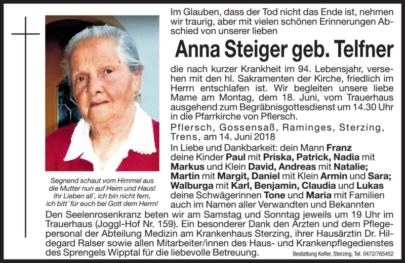  Traueranzeige für Anna Steiger vom 16.06.2018 aus Dolomiten