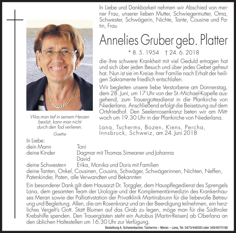  Traueranzeige für Annelies Gruber vom 26.06.2018 aus Dolomiten