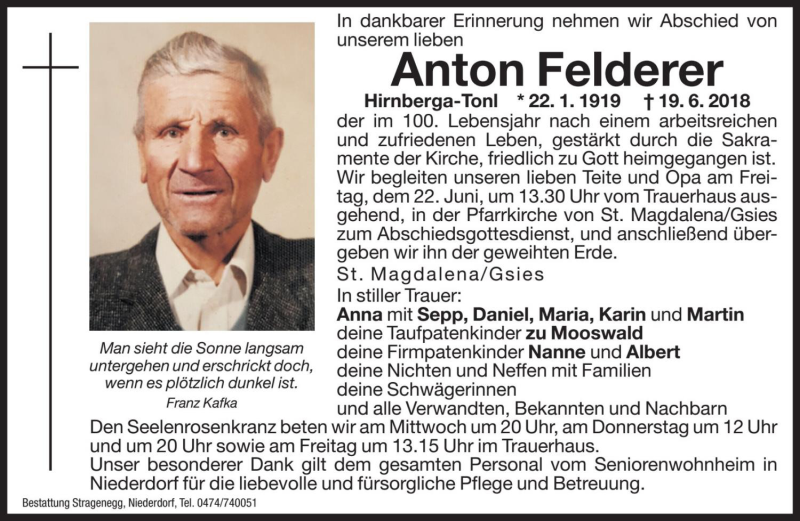  Traueranzeige für Anton Felderer vom 20.06.2018 aus Dolomiten