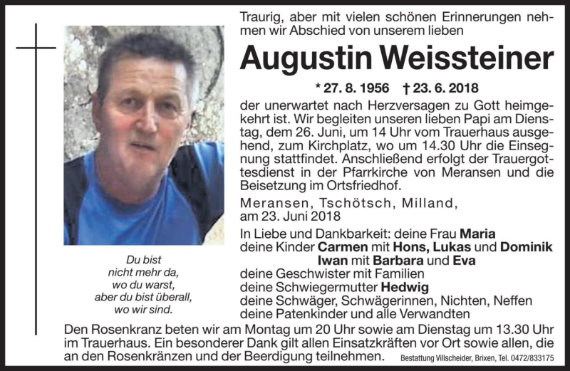  Traueranzeige für Augustin Weissteiner vom 25.06.2018 aus Dolomiten
