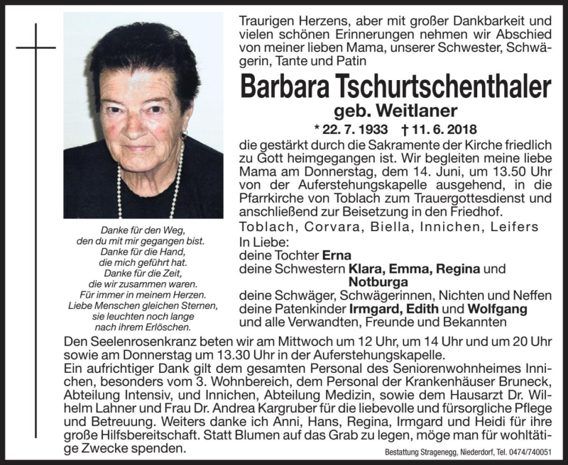  Traueranzeige für Barbara Tschurtschenthaler vom 13.06.2018 aus Dolomiten