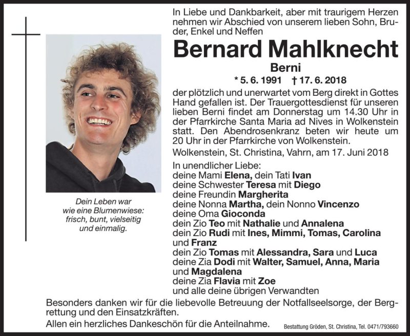  Traueranzeige für Bernard Mahlknecht vom 20.06.2018 aus Dolomiten