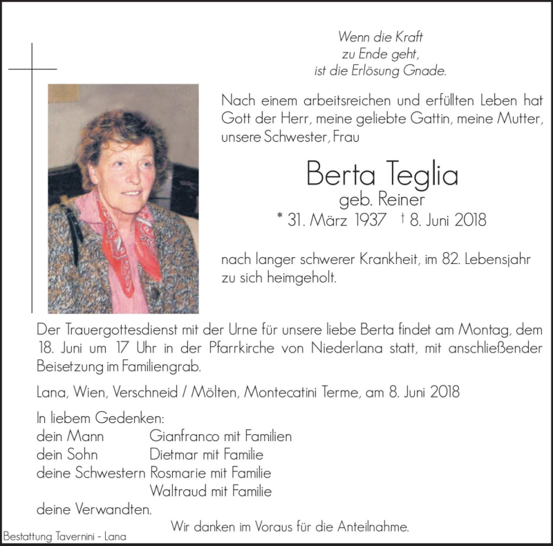  Traueranzeige für Berta Teglia vom 15.06.2018 aus Dolomiten