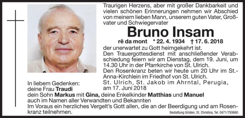  Traueranzeige für Bruno Insam vom 18.06.2018 aus Dolomiten