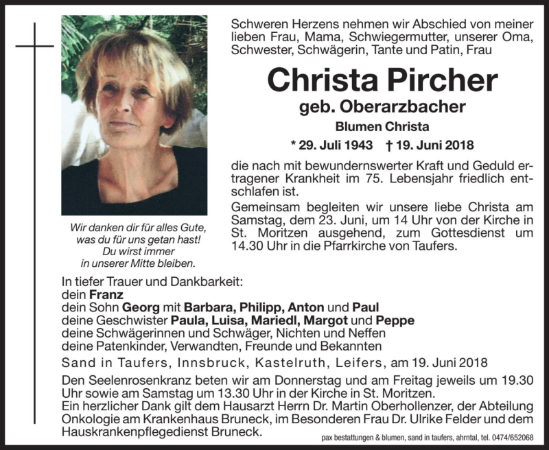  Traueranzeige für Christa Pircher vom 21.06.2018 aus Dolomiten