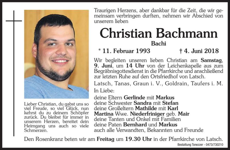  Traueranzeige für Christian Bachmann vom 08.06.2018 aus Dolomiten