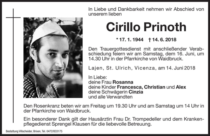  Traueranzeige für Cirillo Prinoth vom 15.06.2018 aus Dolomiten