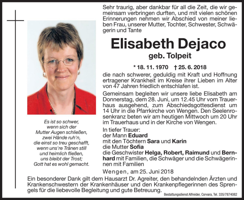  Traueranzeige für Elisabeth Dejaco vom 27.06.2018 aus Dolomiten