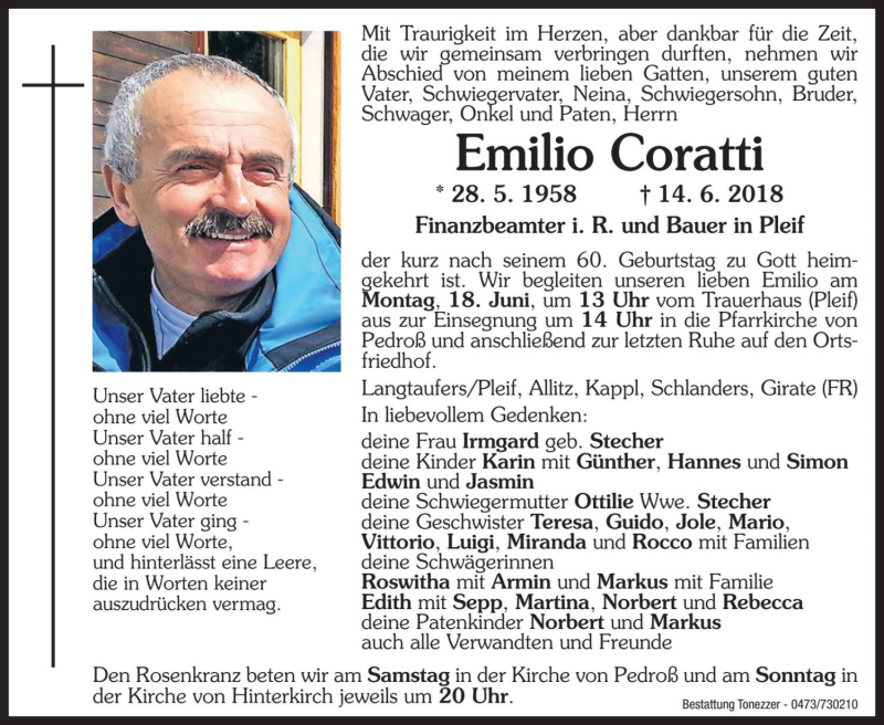  Traueranzeige für Emilio Coratti vom 16.06.2018 aus Dolomiten
