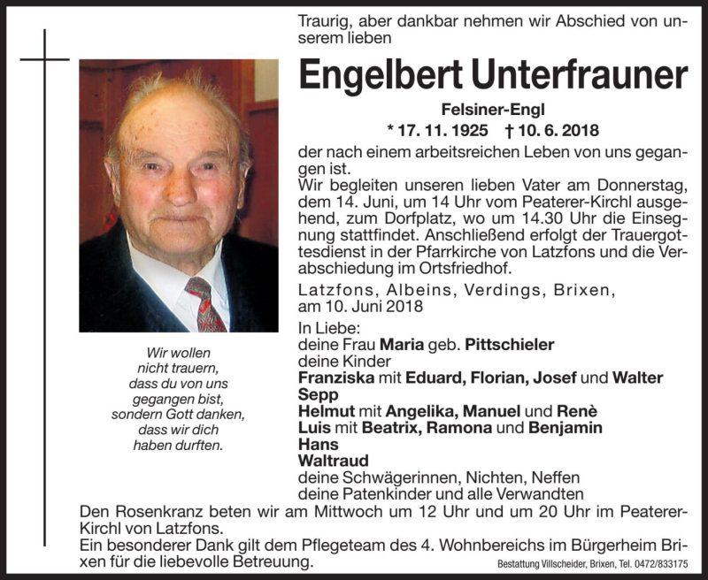  Traueranzeige für Engelbert Unterfrauner vom 12.06.2018 aus Dolomiten