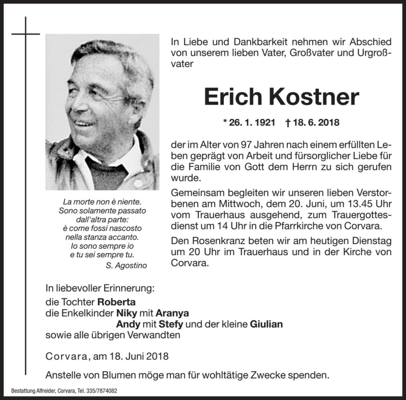  Traueranzeige für Erich Kostner vom 19.06.2018 aus Dolomiten