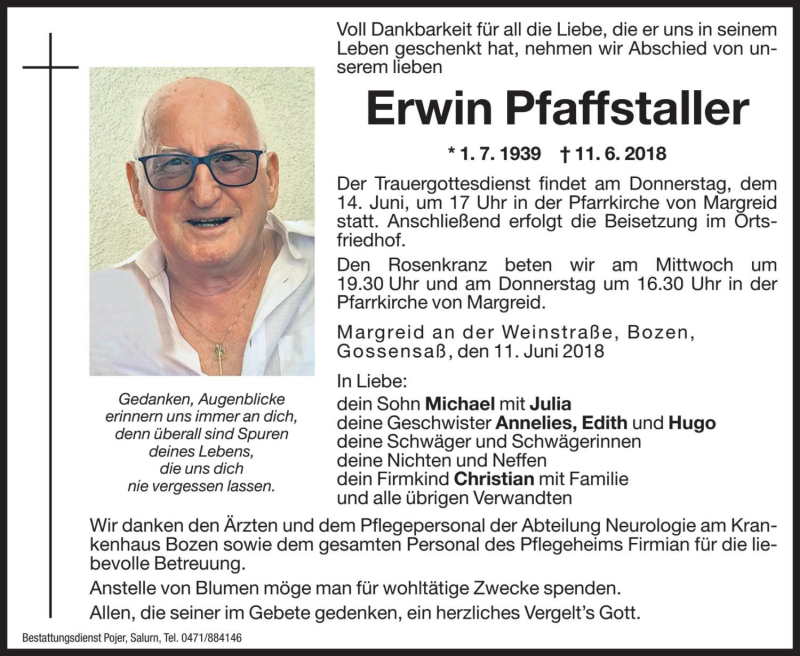  Traueranzeige für Erwin Pfaffstaller vom 12.06.2018 aus Dolomiten