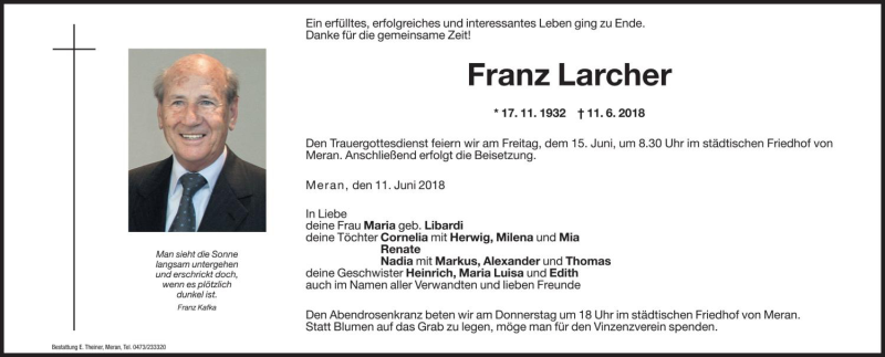 Traueranzeige für Franz Larcher vom 13.06.2018 aus Dolomiten
