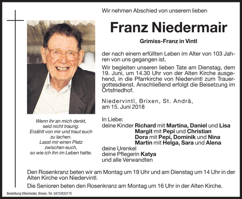  Traueranzeige für Franz Niedermair vom 18.06.2018 aus Dolomiten