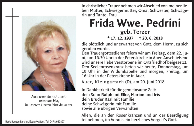  Traueranzeige für Frida Pedrini vom 21.06.2018 aus Dolomiten