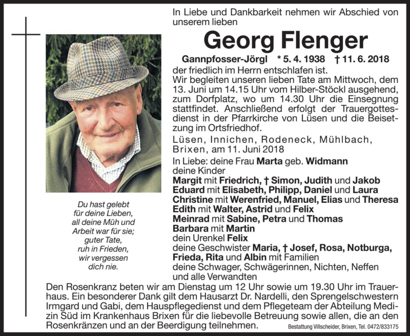  Traueranzeige für Georg Flenger vom 12.06.2018 aus Dolomiten