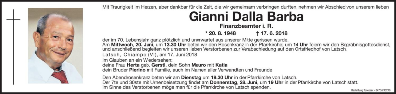  Traueranzeige für Gianni Dalla Barba vom 19.06.2018 aus Dolomiten
