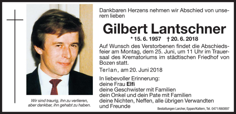 Traueranzeige für Gilbert Lantschner vom 23.06.2018 aus Dolomiten