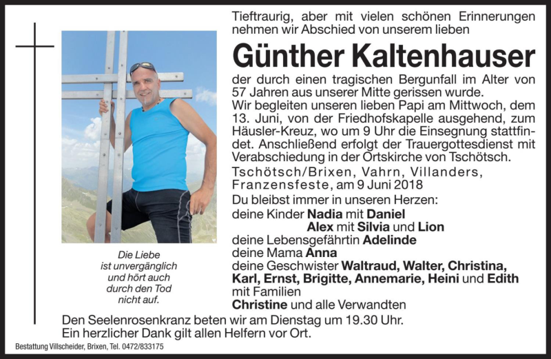  Traueranzeige für Günther Kaltenhauser vom 12.06.2018 aus Dolomiten